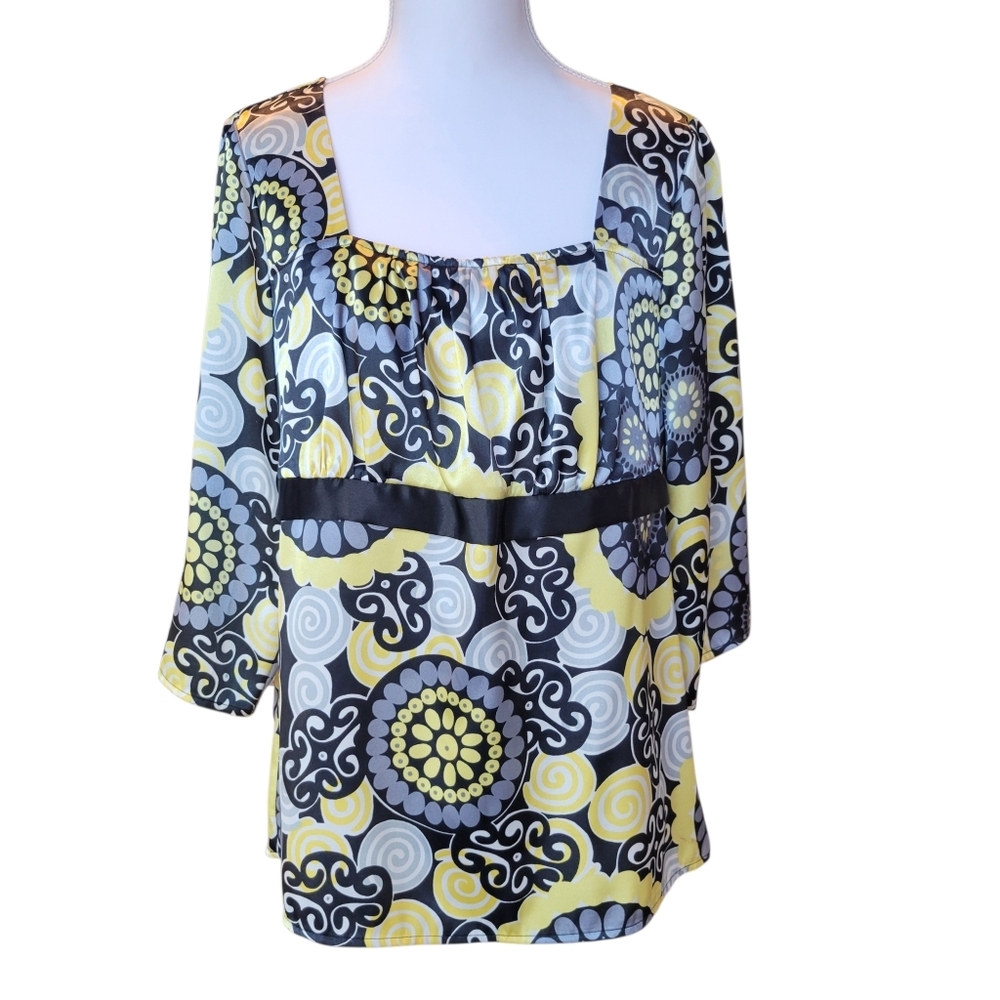 I.N. Studio Black Yellow Geometric Print Silky Babydoll Blouse Top